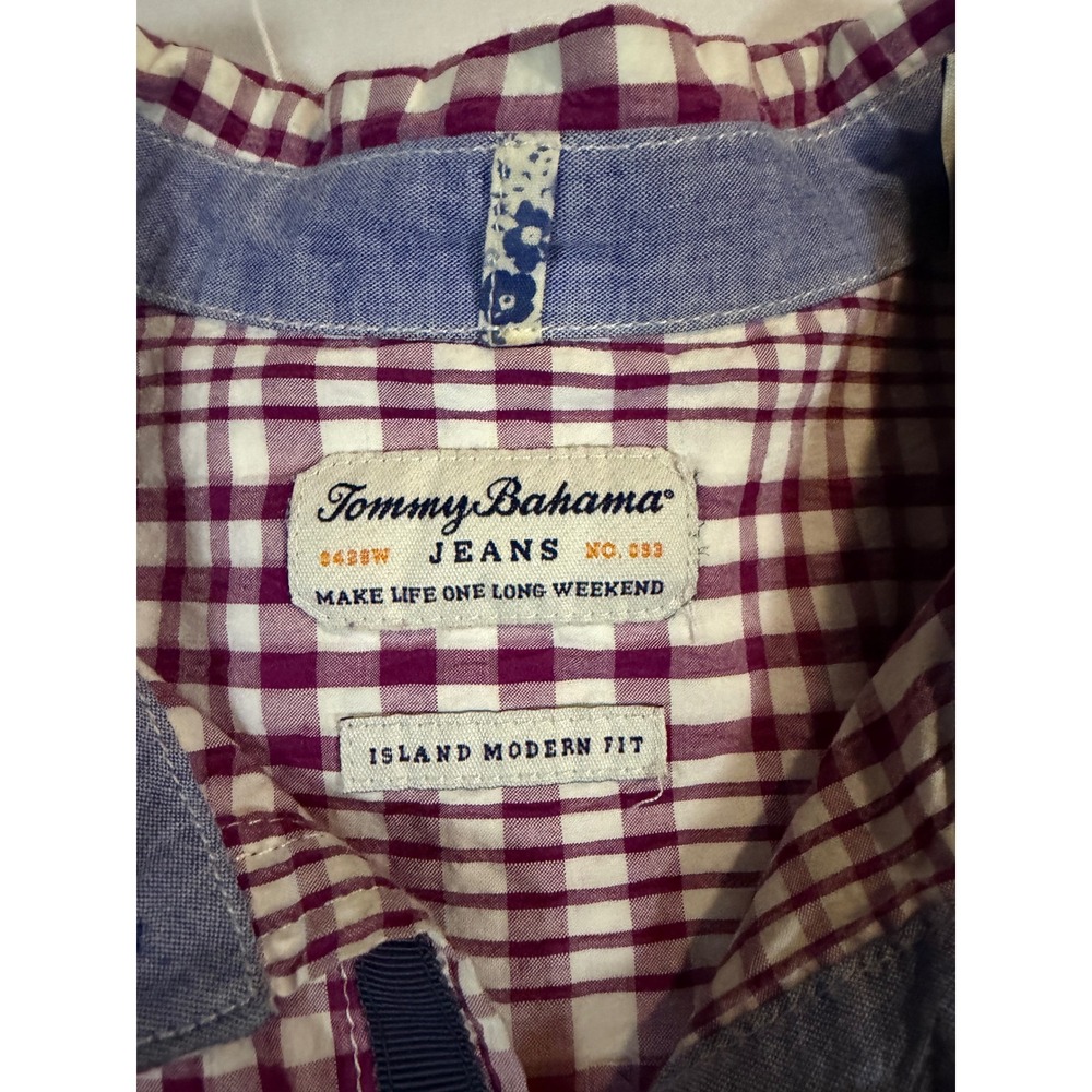 Tommy Bahama Jeans Mens XL Purple Plaid Island Modern Fit Short Sleeve Shirt - Picture 4 of 7